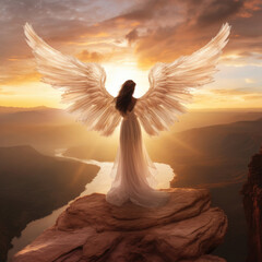 Beautiful young woman in a white dress with wings behind her back on the edge of a cliff. - 662598987