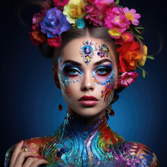 Naklejka premium Amazing colourful make-up on beautiful young woman. Make-up for carnival or parade.