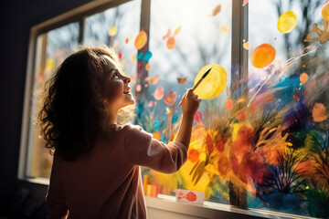 Child drawing paint art on the window at home , Arts and crafts for kids