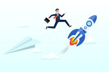 Ambitious businessman jump from old origami airplane to growing up rocket, change to better company, innovation to help success or career change to new path, alternative way or direction (Vector)