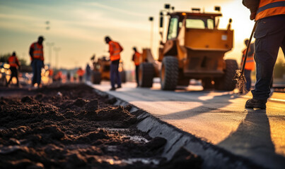 Road Construction. Road Workers making new asphalt with Construction machines. Construction Machinery on the Construction Site - obrazy, fototapety, plakaty