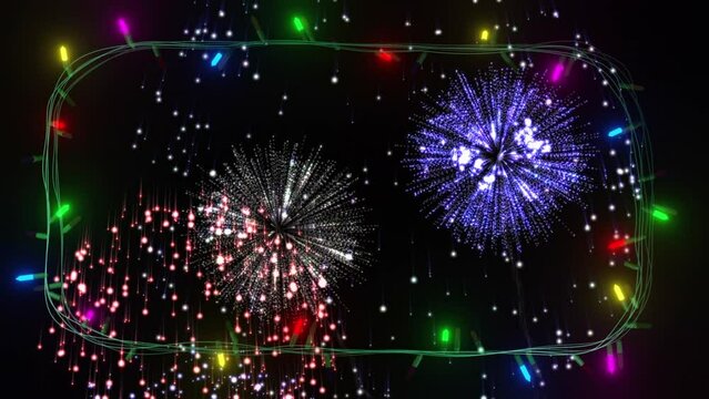 Animation of christmas lights and fireworks on black background