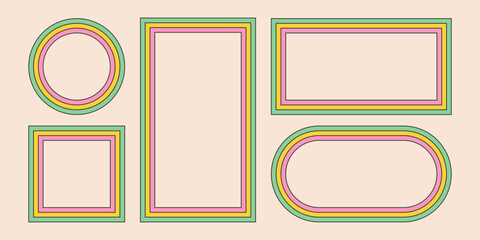 Groovy rainbow frames in 1970s hippie style. Psychedelic retro borders. Text box funky 70s. Good vibes background. Pop vintage groovy square and rectangle frame. Vector illustration.