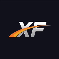 Initial letters XF vector illustrations designs overlapping with orange swoosh vector for company or factory logo on blue dark background.