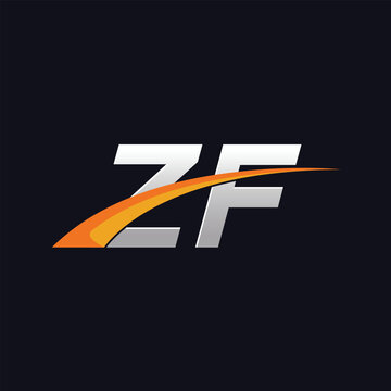 Initial letters ZF vector illustrations designs overlapping with orange swoosh vector for company or factory logo on blue dark background.
