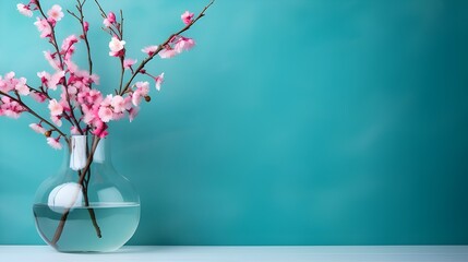 three vases with blossoms on a table with a turquoise wall background, in the style of minimalist backgrounds, dark pink and turquoise