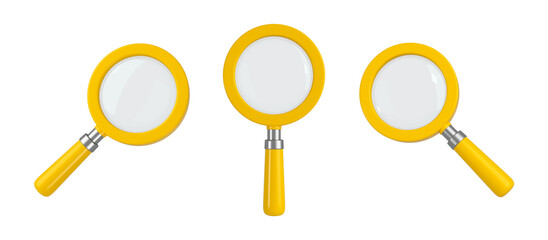 Set of yellow magnifying glass. Transparent loupe search icon for finding, reading, research, analysis or discovery concept. 3d rendering