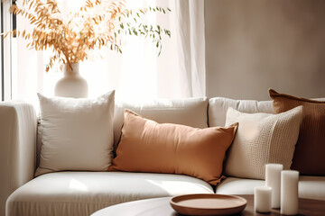 Modern living room interior design in a French country home. Close-up view of a fabric sofa with pillows. 