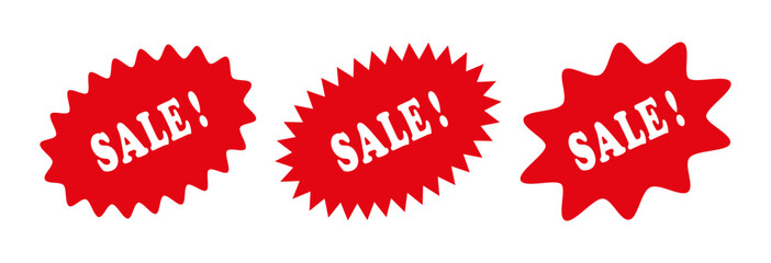 Red tag product labels. Price discount stickers. Star burst boxes. Discount promo stamps. Splash badges. Set starburst shapes isolated on white background. Vector illustration.