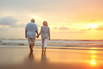 Plan life insurance of happy retirement concepts. Senior couple walking on the beach holding hands at beach sunrise in evening.