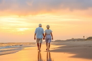 Plan life insurance of happy retirement concepts. Senior couple walking on the beach holding hands at beach sunrise in evening.