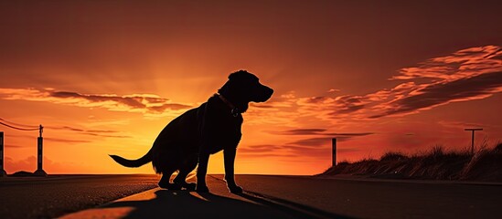 Dog shaped shadow on the road during sunset With copyspace for text