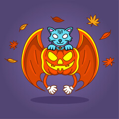 Illustration vektor graphic of s cat on the flying pumkin halloween. Suitable for happy halloween, kid production, poster, etc