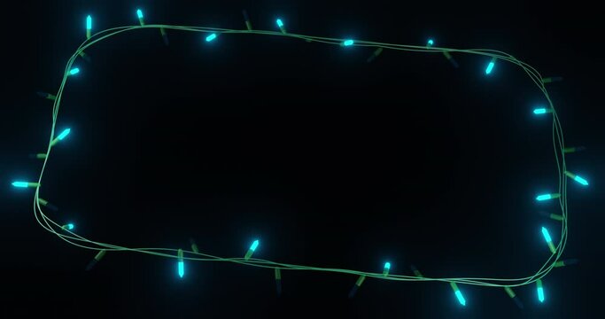 Frame of blue christmas string lights flashing on black background, copy space