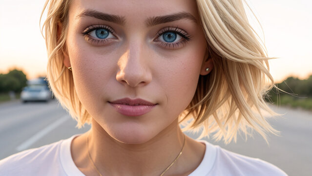 Portrait blond  woman in white t-shirt with green eyes, slight smile, closeup, sunrise
