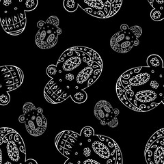 Black and White Seamless Pattern with Traditional Mexican Hand Drawn Skull. Dia De los Muertos Holiday Symbol.