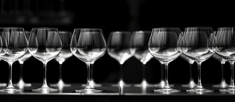 Empty wine glasses and black and white photos displayed With copyspace for text
