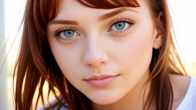Portrait ginger woman in white t-shirt with green eyes, slight smile, closeup, sunrise