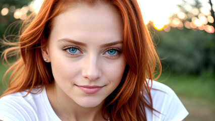 Obraz premium Portrait ginger woman in white t-shirt with green eyes, slight smile, closeup, sunrise