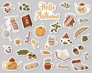 A set of autumn stickers. Collection of autumn elements. Vector illustration