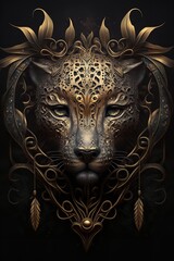 Digital art of a leopard wearing a gold mask with feathers and leaves on a black background.