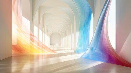3D illustration of minimal light future room with soft rainbow shapes background.