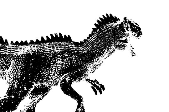 black dinosaur silhouette isolated on white background, model of giganotosaurus toy