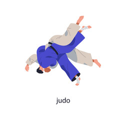 Judo fight, battle. Japan martial art, wrestling. Japanese athletes fighters combat, sport tournament. Wrestler opponent attacking at competition. Flat vector illustration isolated on white background