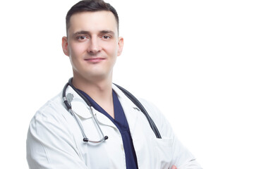 Closeup Portrait of Professional Confident Male GP Doctor Posing in Doctor's Smock And Endoscope...