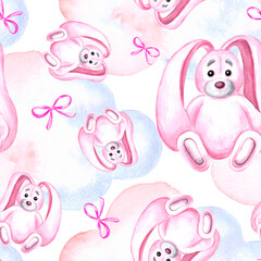 Seamless pattern of pink bunny with bows and clouds Watercolor hand drawn illustration for various design, backdrop, kids birthday and party, making textile and fabrics, packaging, wrapping paper.