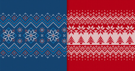 Blue and red holiday traditional Xmas pattern. Christmas knit seamless print with snowflakes and trees. Knitted sweater texture. Geometric background. Wool pullover ornament. Vector illustration © Iryna
