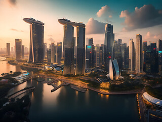 Beautiful shot of tall city buildings under a cloudy sky at day and night