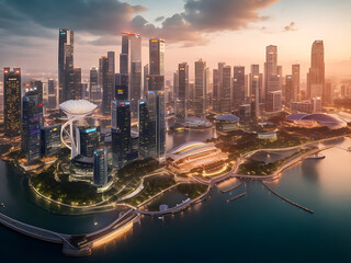 Beautiful shot of tall city buildings under a cloudy sky at day and night