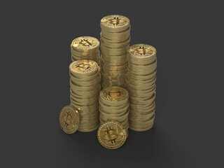 Golden stacks of Bitcoins on dark background (3d rendering)