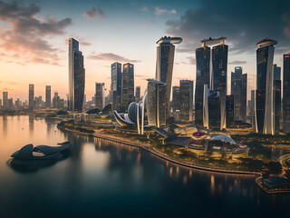 Beautiful shot of tall city buildings under a cloudy sky at day and night