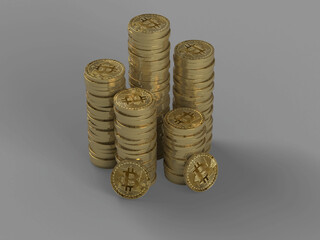 Golden stacks of Bitcoins isolated (3d rendering with alpha channel)