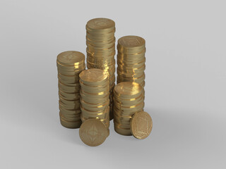 Golden stacks of Ethereum coins isolated (3d rendering with alpha channel)