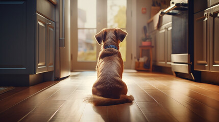 A dog sits by the door and waits for his master - obrazy, fototapety, plakaty