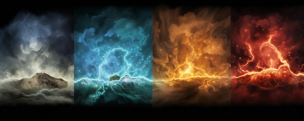 Abstract four elements concept art, Earth, Fire, Air, Water background Generative AI