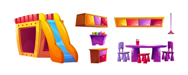 Kid classroom in kindergarten interior cartoon set. Preschool playroom table, chair, slide and shelf icon collection. Daycare indoor recreation and education stationery drawing design illustration.