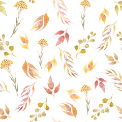 Autumn watercolor leaves seamless pattern. Colorful multicolored leaves endless background. Cozy wallpaper and fabric print.