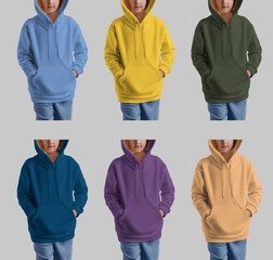Template of colorful kid's hoodie, sweatshirt for a girl with hands in pocket, for design, front, set