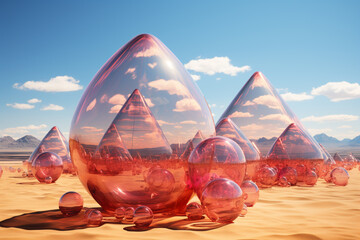 The Pyramids of Giza in this artwork are reimagined as abstract and inflated geometric forms. 