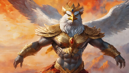 Garuda has the body of a person, the back of a bird and has wings. A deity in Indian and Buddhist mythology.