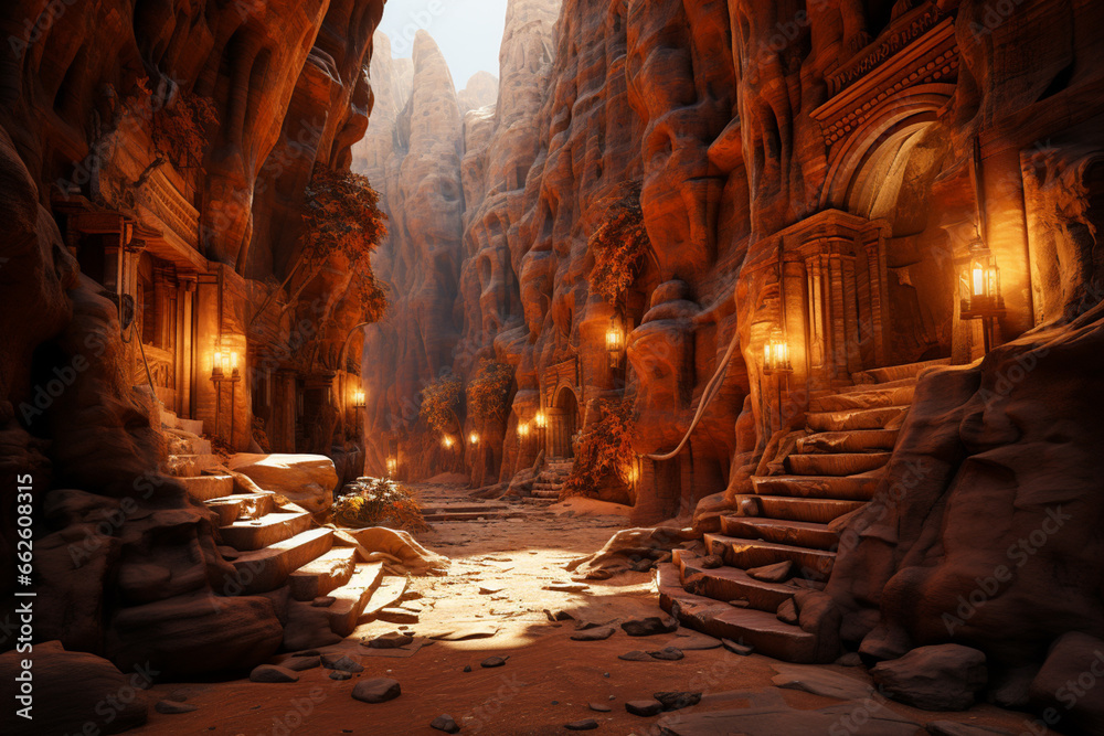 Poster This interpretation of Petra showcases a fusion of abstract and geometric art. The intricate carvings and rock formations of the site are reimagined as a series of inflated forms. 