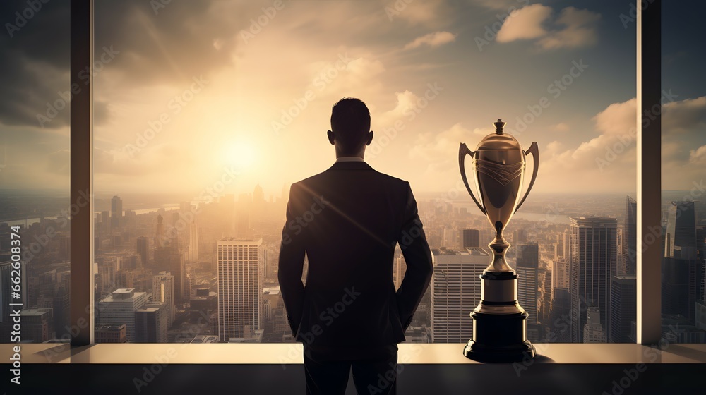 Wall mural silhouette of a businessman with a gold trophy