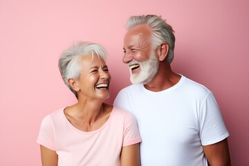 Portrait of a Fictional Lovely Senior Couple wearing plain blank t-shirt on a colored background. Generative AI Illustration.