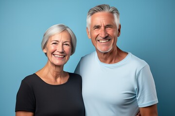 Portrait of a Fictional Lovely Senior Couple wearing plain blank t-shirt on a colored background. Generative AI Illustration. - obrazy, fototapety, plakaty
