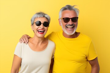 Portrait of a Fictional Lovely Senior Couple wearing plain blank t-shirt on a colored background. Generative AI Illustration.