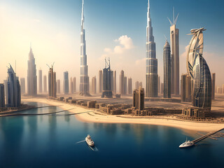 Beautiful shot of tall city buildings under a cloudy sky at day and night